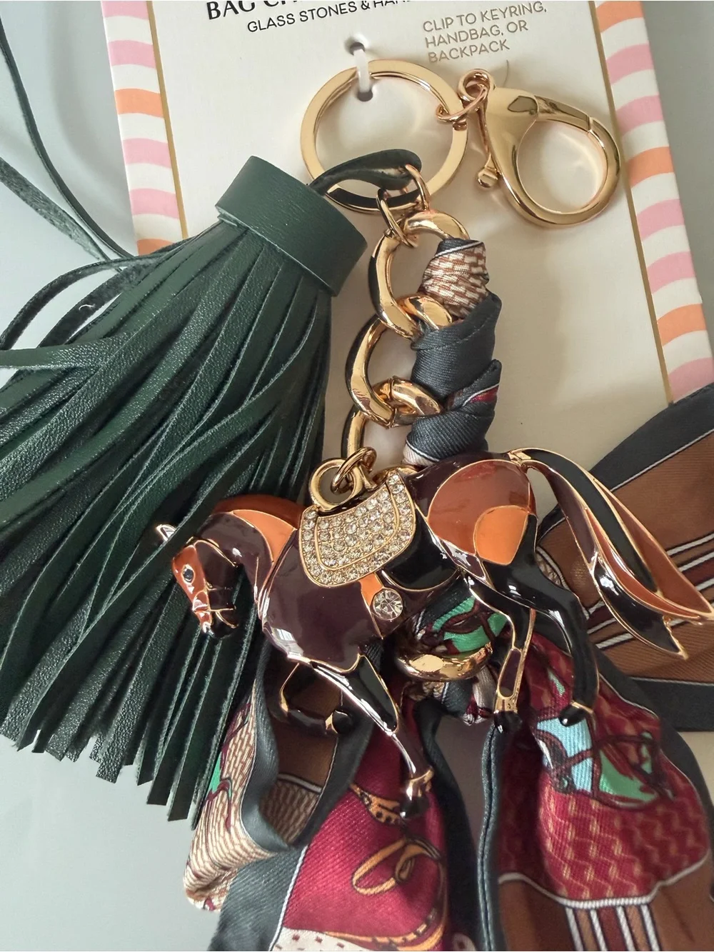 Horse Scarf Tassel Bag Charm in Green, Brown, Burgundy